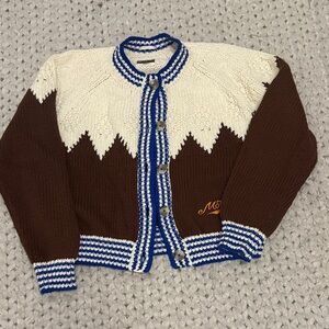 Brown and Cream Knit Cardigan with Blue Trim
Mother worn once cotton sweater